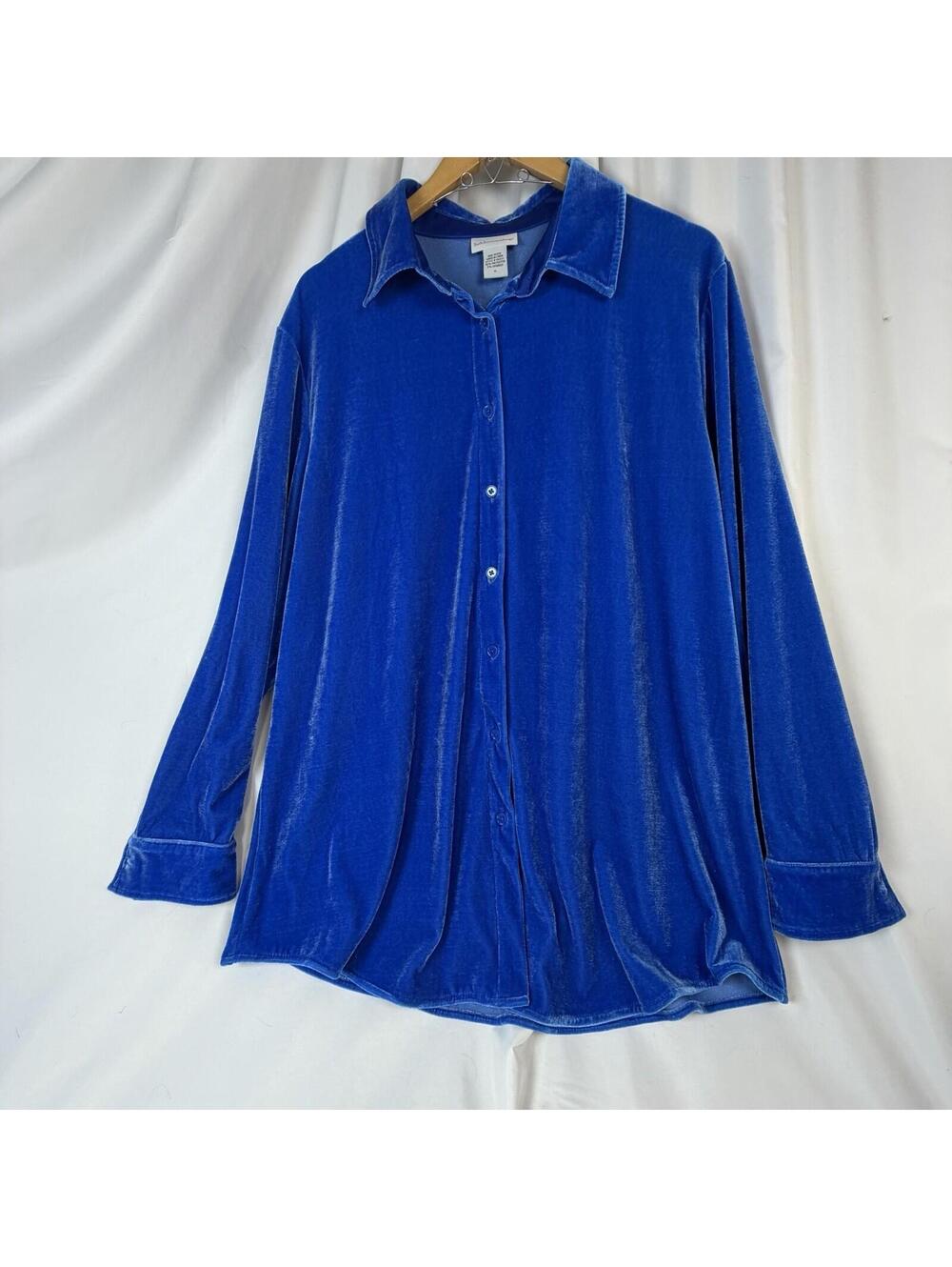 Soft Surroundings Button Front Tunic Blouse Top-Blue Velvet-Long Sleeves-XL